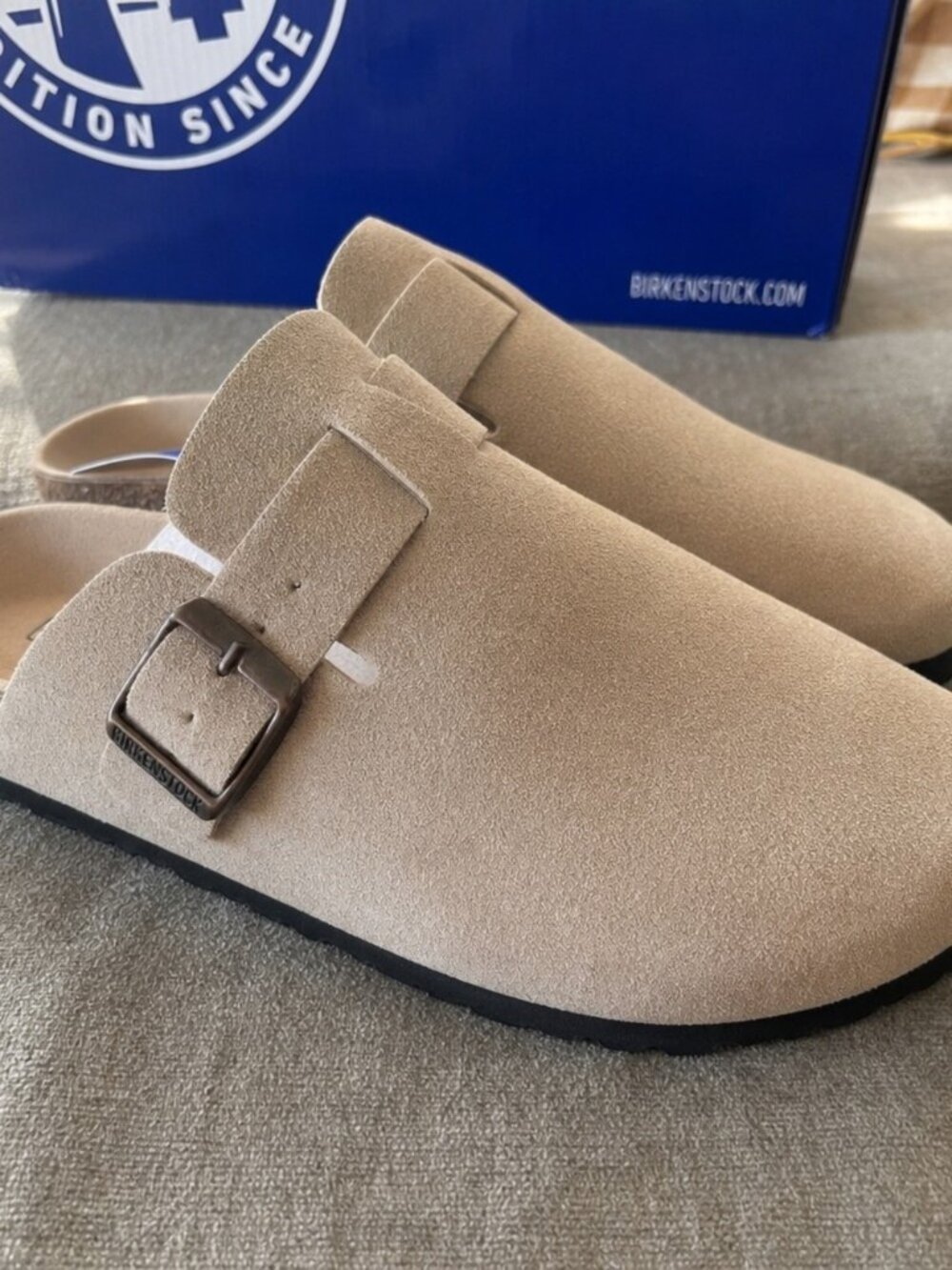 Birkenstock Boston Soft Footbed Suede Clogs in Taupe